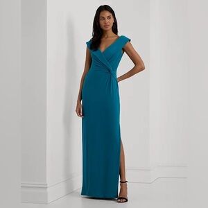 NWT Ralph Lauren LAUREN Jersey Off-the-Shoulder Gown in Teal, Size US 14